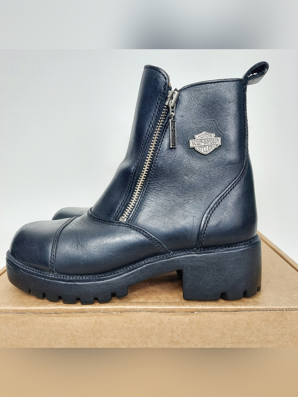 Vintage Y2k Harley-Davidson Black Amherst Leather Dual Zip Boots Womens Size 6